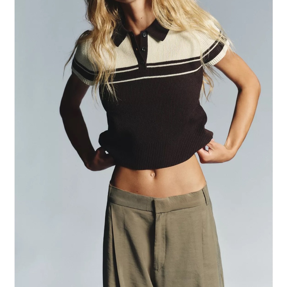 Zara Black and Cream Knit Polo Blouse